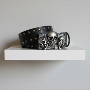 NEW Black Studded 3 Skull Buckle Leather Unisex Belt